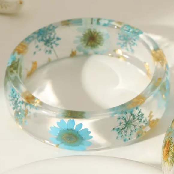 Botanical Resin Bangle Bracelet Blue Yellow Teal Red - Picture 7 of 16